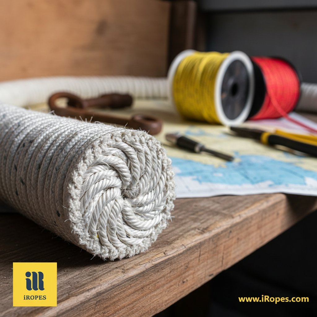 Vista in sezione trasversale di corda multiplait a 8 fili che mostra coppie S e Z accoppiate in design bilanciato alla torsione per uso marino