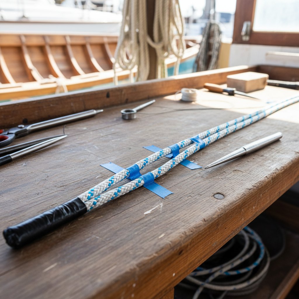 Ingrandimento di corda a 8 fili con punti segnati e coppie sciolte pronte per formazione di epissura ad anello, mostrando nastro sulle estremità e ago vicino per epissura marina