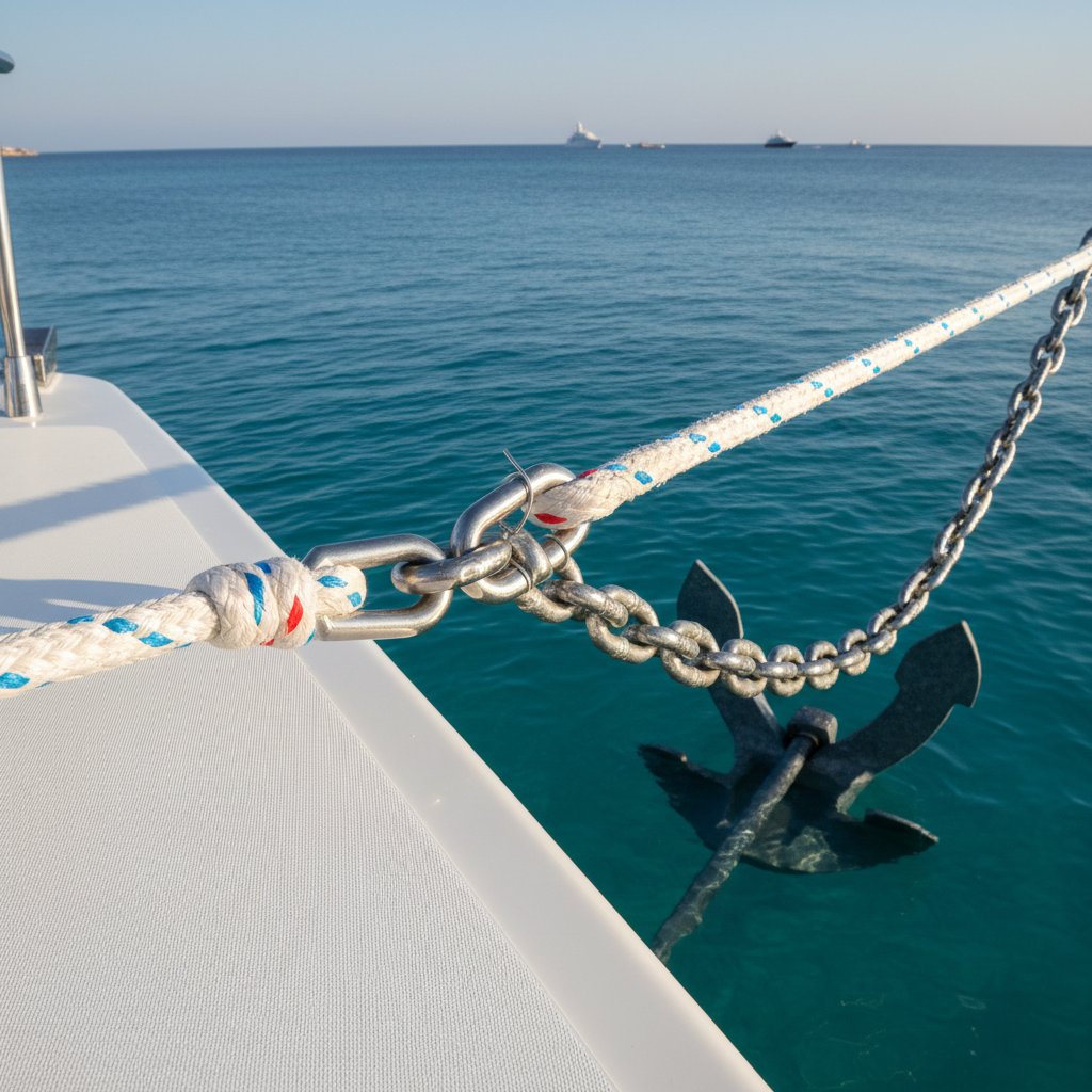 Bir yatın çapa halatı kurulumunun yakın çekimi, naylon halatın zincire bağlanıp çapa ile kelepçelendiğini, mavi gökyüzü altında sakin bir koyda tekneyi, güvenli demirleme bileşenlerini ve deniz güvenliğini vurguluyor.