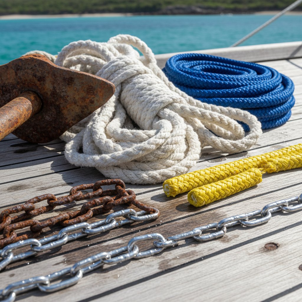 Çeşitli çapa halatı malzemelerinin yakın çekimi: sarılmış naylon 3-ipli, 8-örgü örgü halat, çift-örgü kesitler, galvanizli zincir halkaları ve paslanmaz çelik zincir parçası, ahşap güverte üzerinde bir çapa yanında yerleştirilmiş, gün ışığında dokular, renkler ve metal parıltılarıyla deniz demirlemede malzeme karşılaştırması gösteriyor.