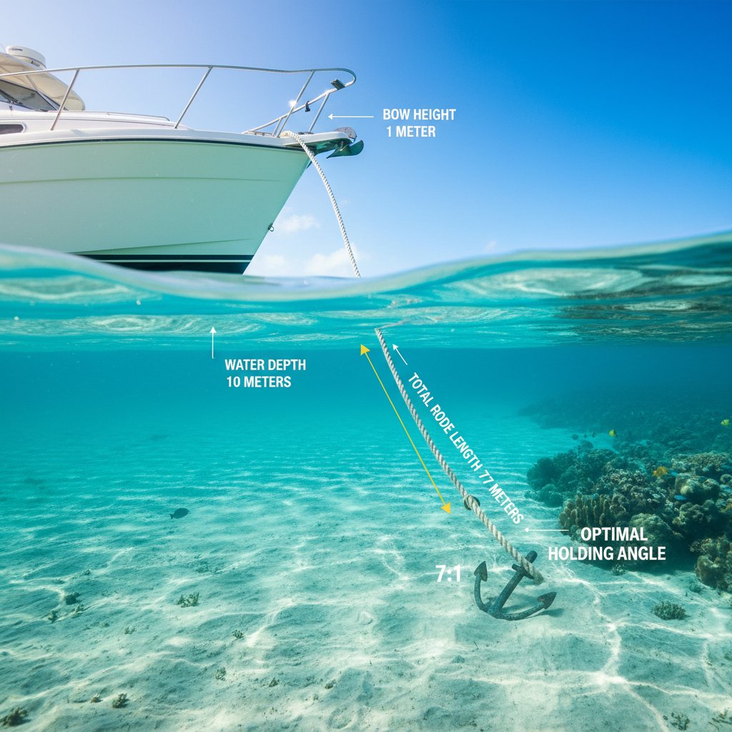 Demirde bir teknenin diyagramı, başından deniz tabanına uzanan çapa halatı uzunluğunu gösteren, su derinliği, baş yüksekliği ve 7:1 toplam oran etiketli ölçümleriyle, sakin okyanus sularında küçük bir yat ve kuma gömülü çapa resmedilmiş, tutuş gücü için güvenli açıyı vurguluyor.
