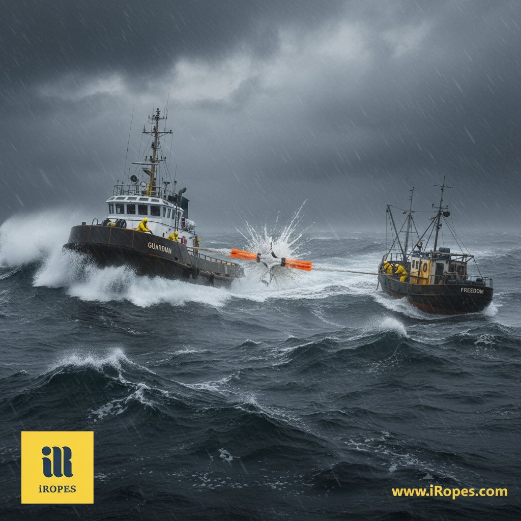 Una cima da rimorchio per barche che si spezza sotto tensione durante un soccorso in mare tempestoso, mostrando fibre intrecciate e spruzzi d'acqua attorno a un piccolo natante trainato da un'altra imbarcazione