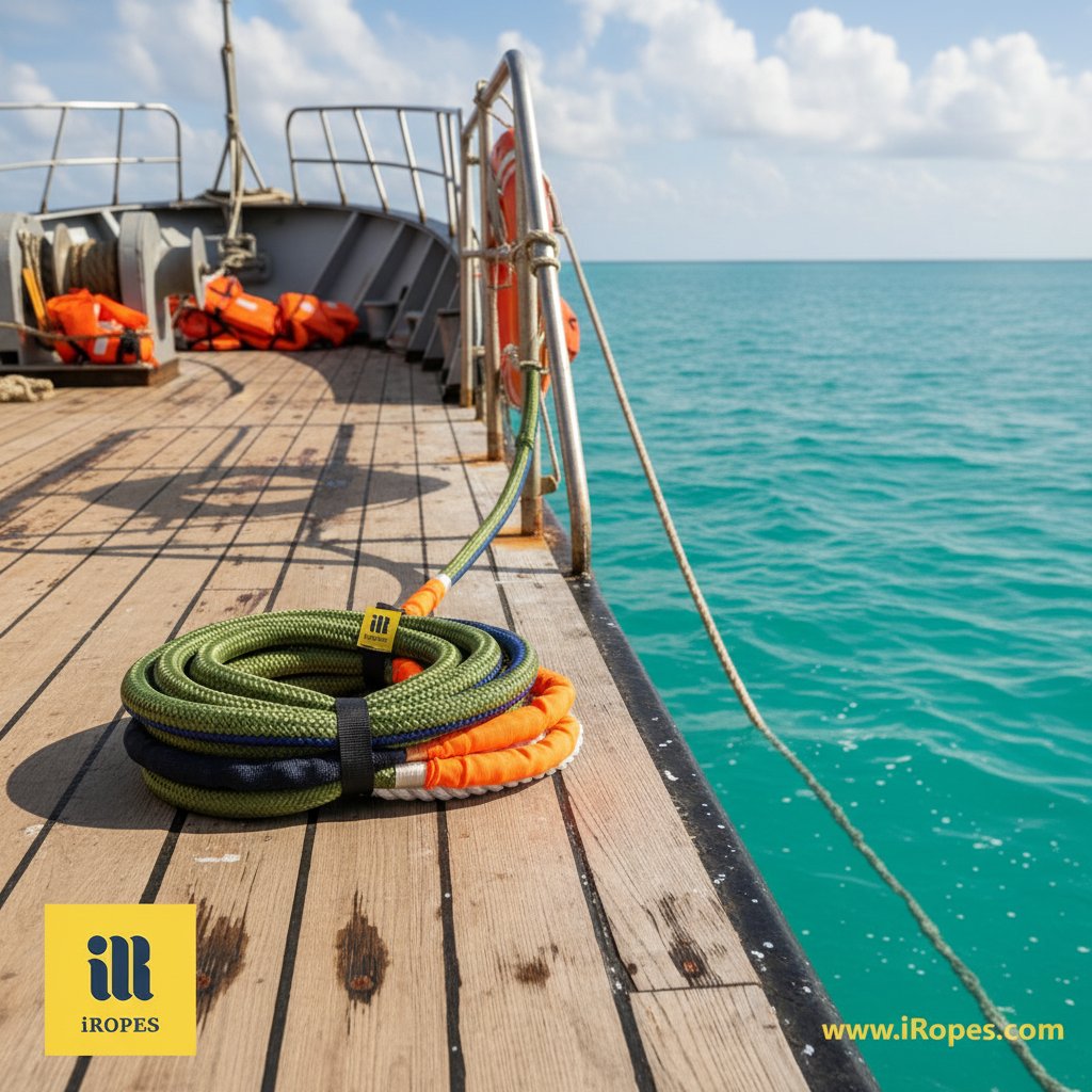 Cima da rimorchio HMPE arrotolata con strisce riflettenti su un ponte accanto a un'imbarcazione da soccorso, mostrando la costruzione intrecciata e proprietà galleggianti in acqua oceanica vicina