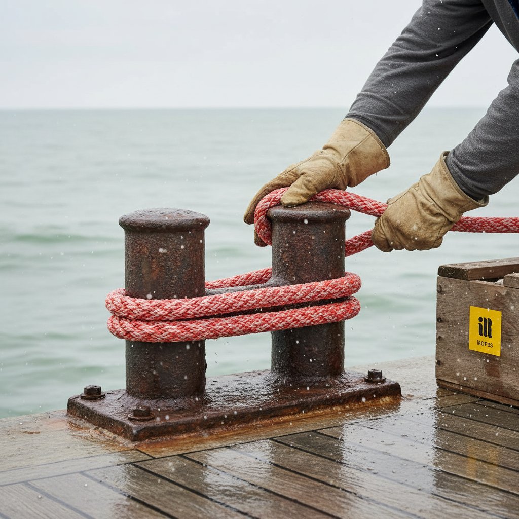 Primo piano di mani che avvolgono una cima di ormeggio intorno a bitte doppie con due giri sul primo palo, tensionata correttamente sul ponte di un'imbarcazione tra spruzzi oceanici e onde