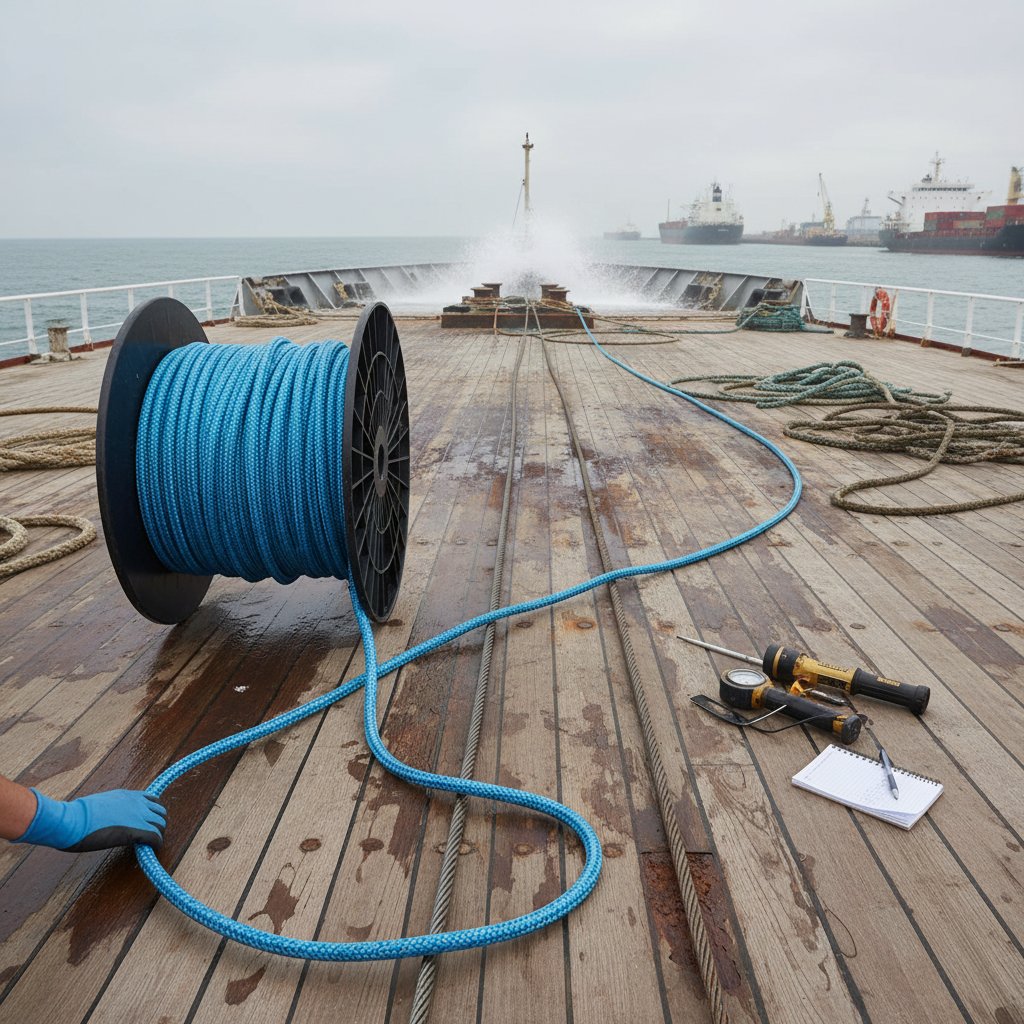 Confronto di corda sintetica arrotolata accanto a cavo d'acciaio sul ponte di una nave, mostrando differenze di flessibilità con onde sullo sfondo e attrezzi di ispezione vicini
