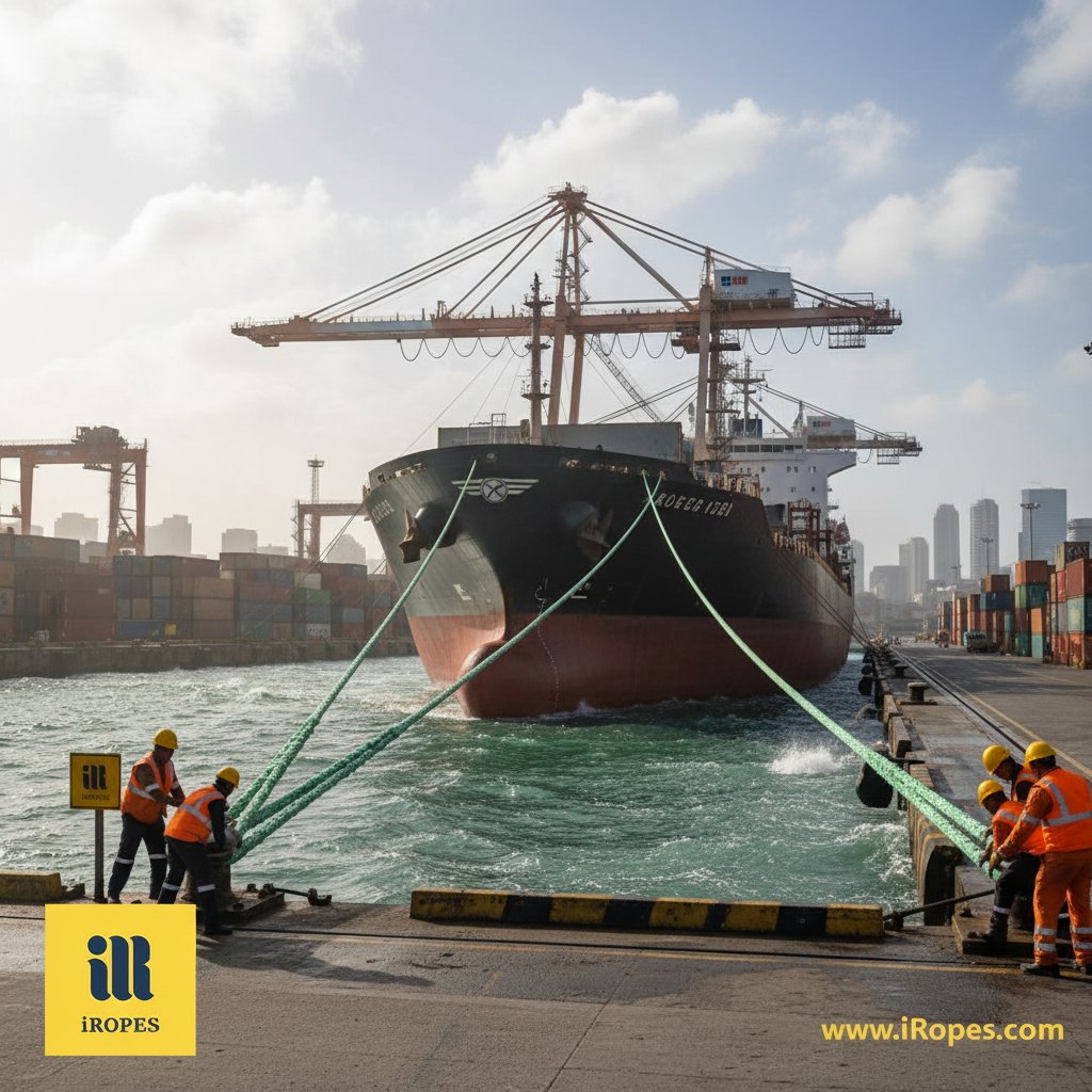 Nave assicurata da cime di ormeggio in un molo affollato, corde tese contro onde e vento, illustrando la stabilità attraverso distribuzione del carico e posizionamento