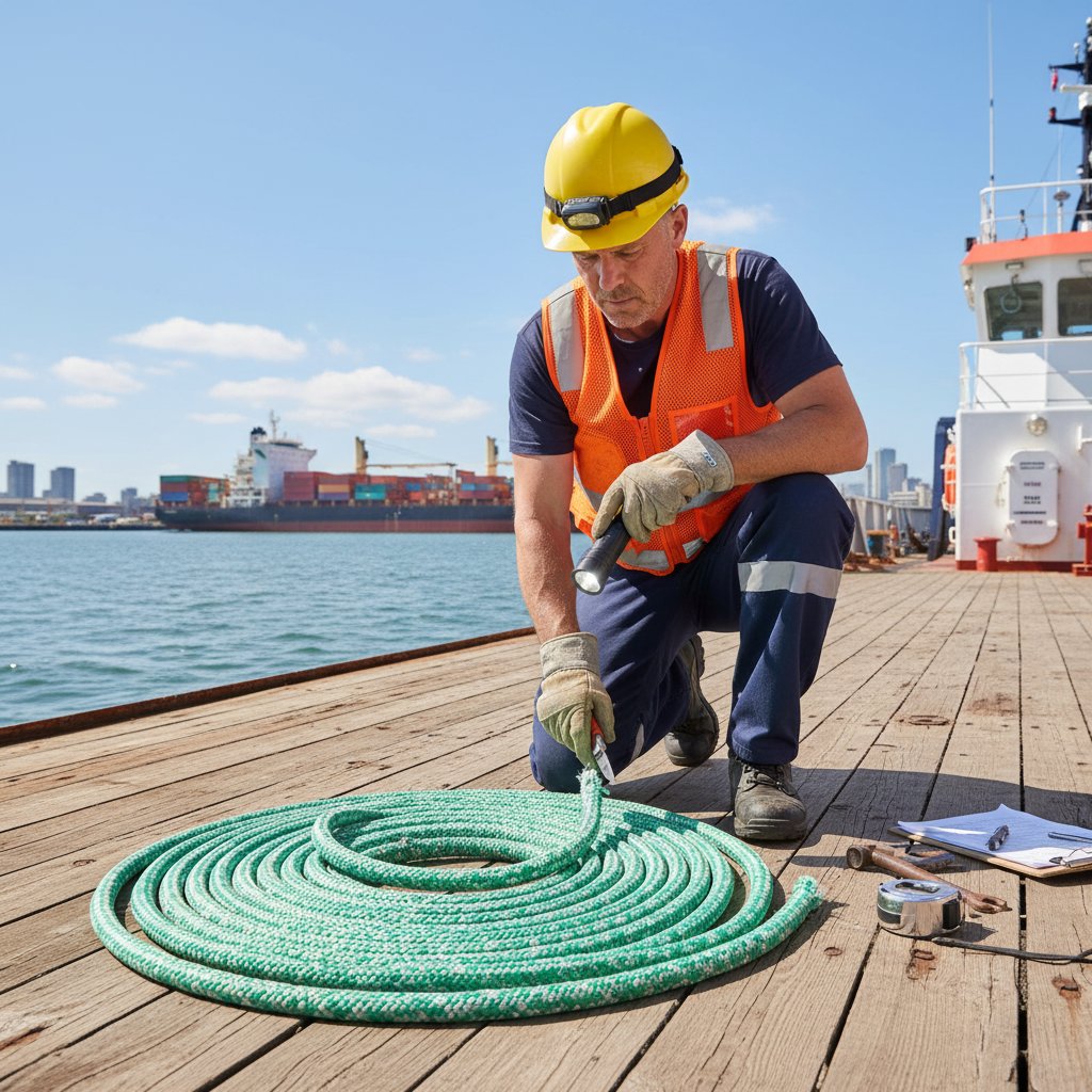 Membro dell'equipaggio che ispeziona una cima di ormeggio arrotolata sul ponte per usura e danni, con attrezzi vicini e attrezzatura di sicurezza visibile, enfatizzando controlli di routine in un porto soleggiato con nave sullo sfondo