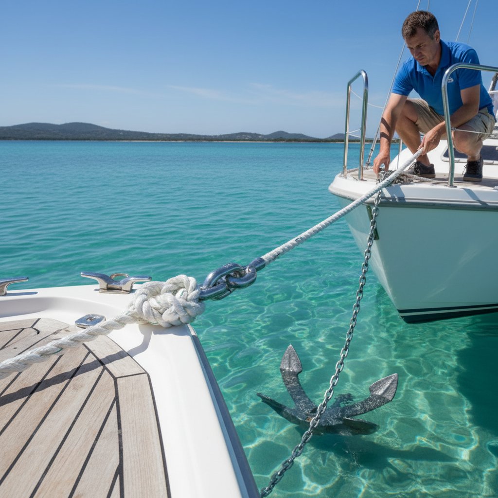 錨索示意圖顯示繩索、錨鏈與錨透過鎖扣和轉環連接，在平靜水域的船隻上
