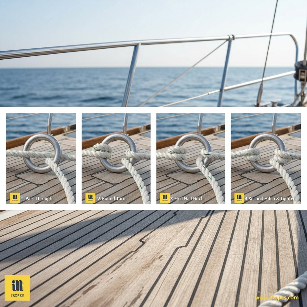 綁錨結的步驟插圖，顯示繩索穿過金屬錨環、圓圈與半結固定，在船甲板上以海洋背景