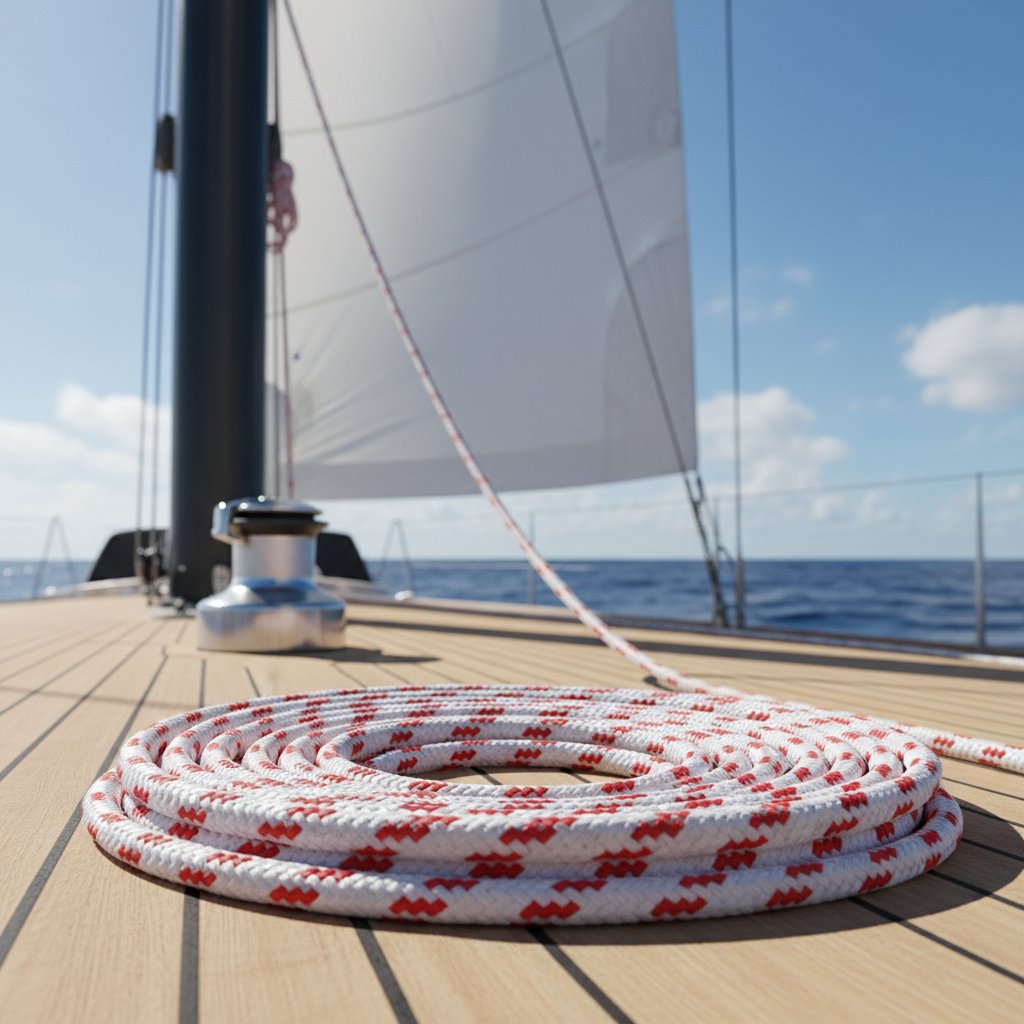 帆船升降索繩在甲板上捲曲的特寫，背景是陽光普照的海面吊起的船帆，顯示編織結構與桅杆滑輪的連接。