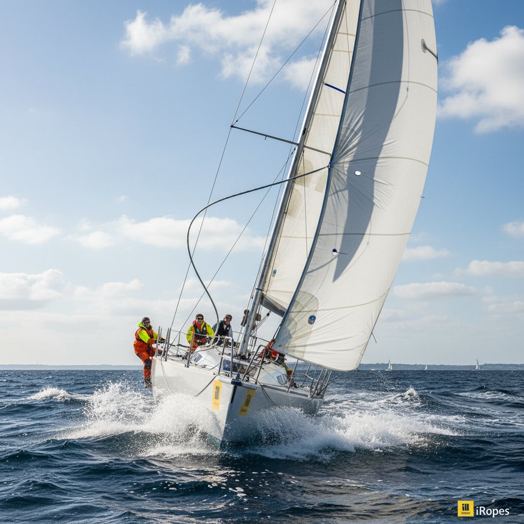 賽船上受張力的尼龍升降索繩，顯示明顯伸長扭曲主帆形狀，背景是洶湧海洋與船員急切調整繩索。