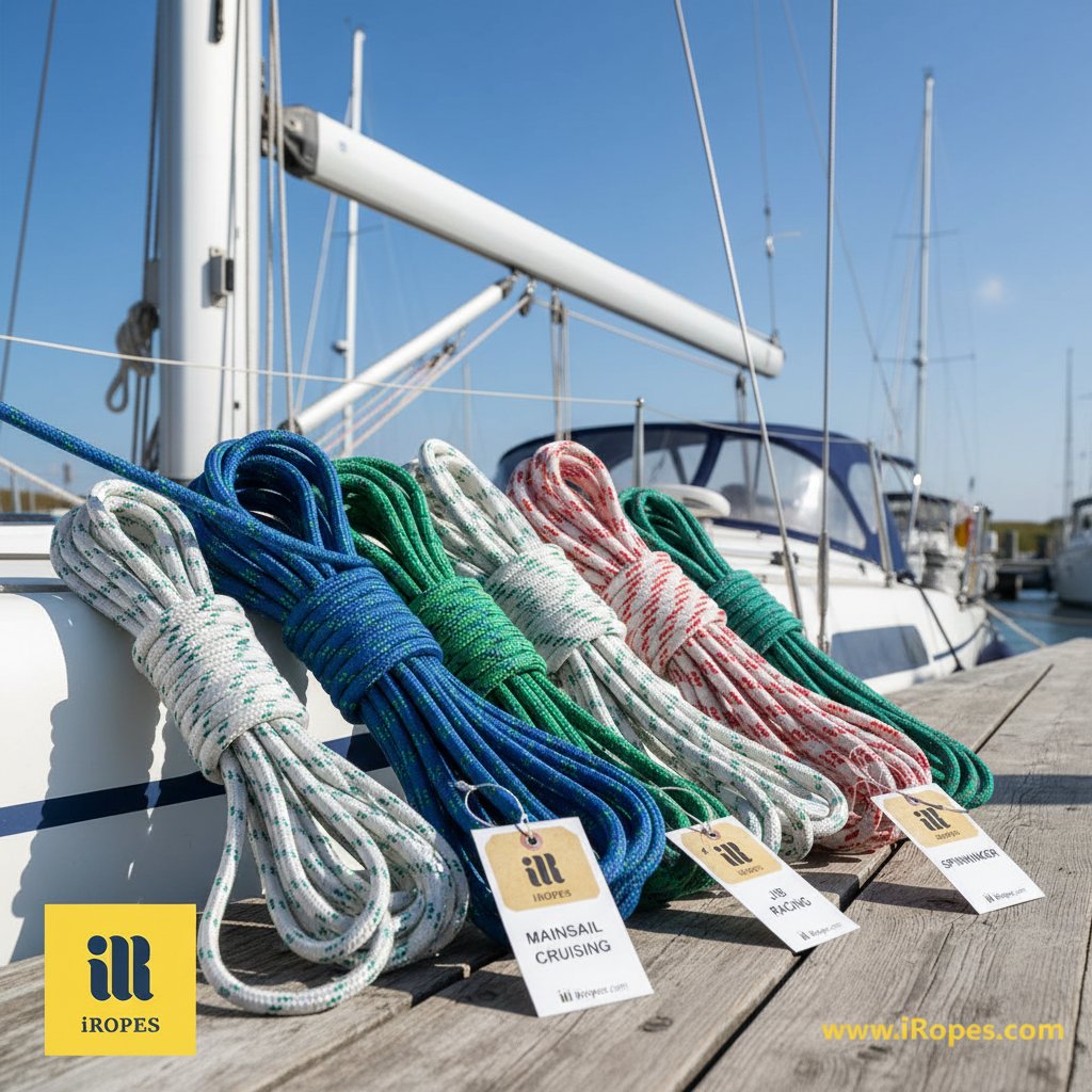 聚酯與戴尼瑪升降索繩捲曲在帆船桅杆旁，顯示不同直徑與編織質地，在晴空下，突顯主帆與艏三角帆等不同帆型的選項。