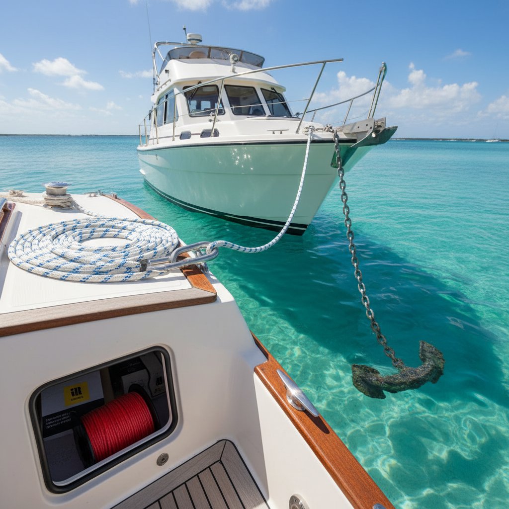 船甲板上盤繞的錨繩，眼接頭處可見不鏽鋼錐套，連接鏈條和錨，在陽光普照的港口環境中，說明中型船隻的適當尺寸