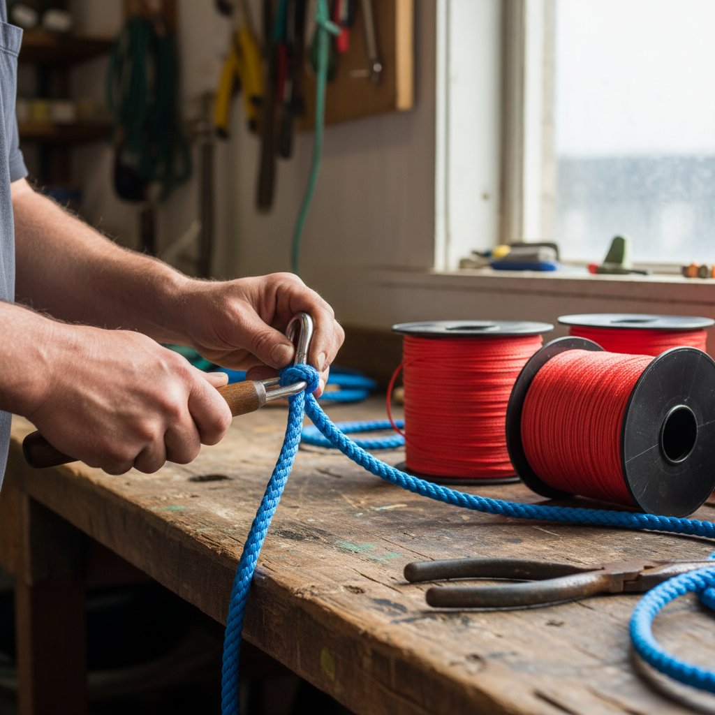 雙手在木工作檯上將尼龍浮標繩接頭圍繞不鏽鋼錐套，附近有 fid 和鞭繩工具，在自然光下展示精準織法