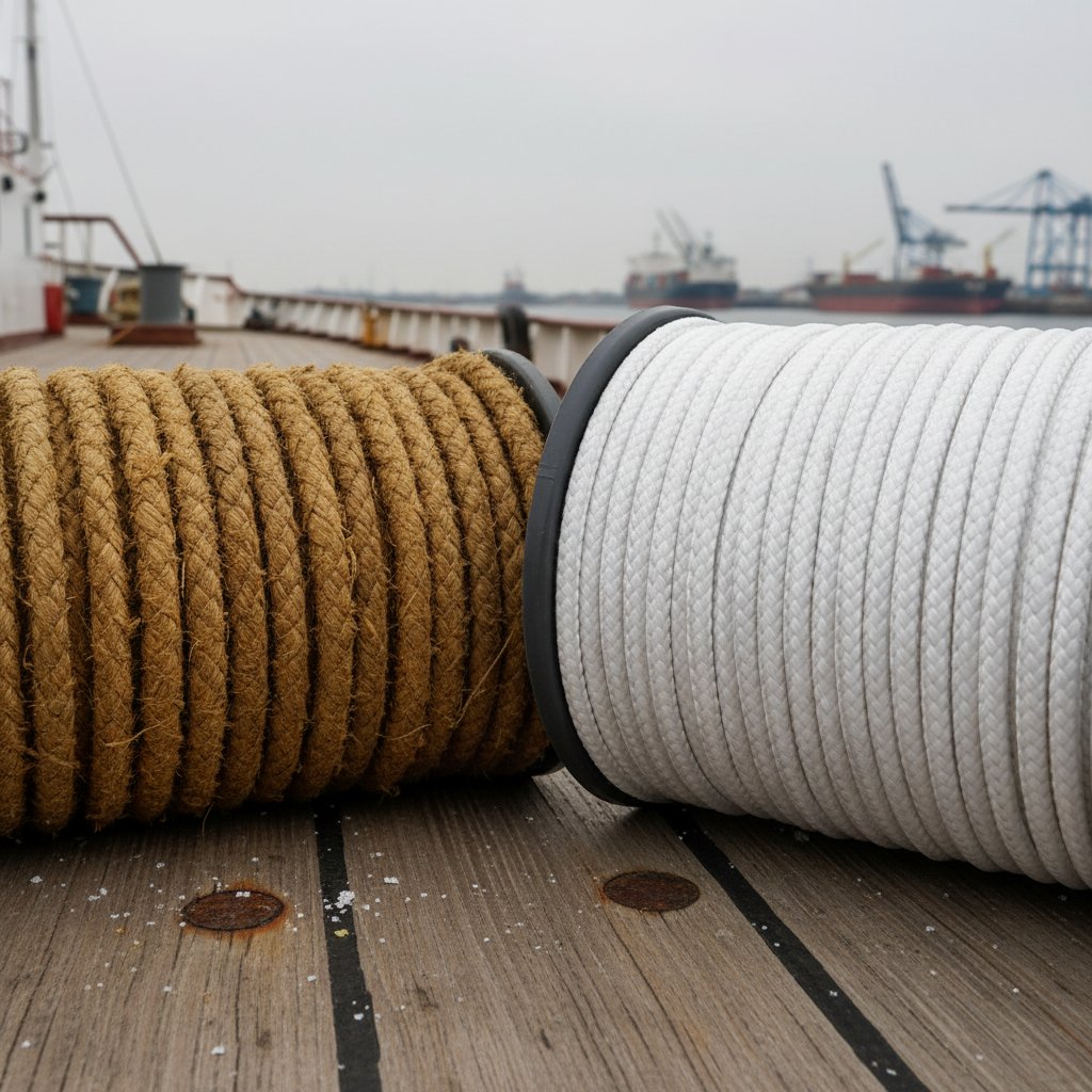 船甲板上捲起的天然馬尼拉麻繩與合成尼龍繩特寫，展示粗糙纖維對比光滑股線，在鹽濕港口陰天環境下呈現質地差異
