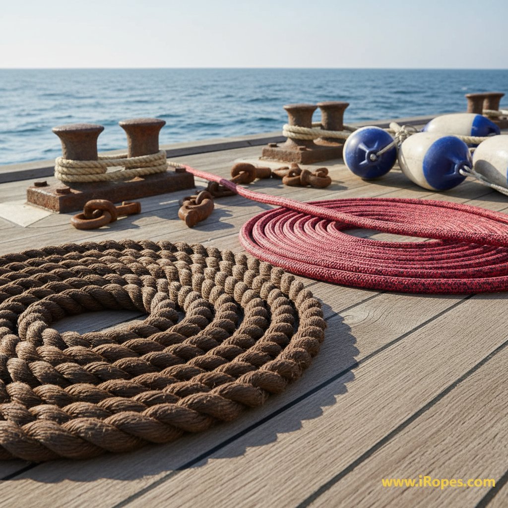 木製船甲板上絞合纜繩與雙層編織合成繩並列捲起，對比螺旋質地與交織光滑，在航海工具與海洋背景中突出差異