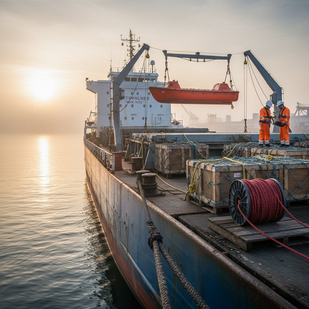 各種船用繩索在用：尼龍繫泊繩緊繃碼頭浪花拍打，聚丙烯綁紮甲板貨櫃網下貨物，以及 UHMWPE 落索懸吊救生艇於吊架，在港口安全船員附近捕捉海洋環境的功能多樣性